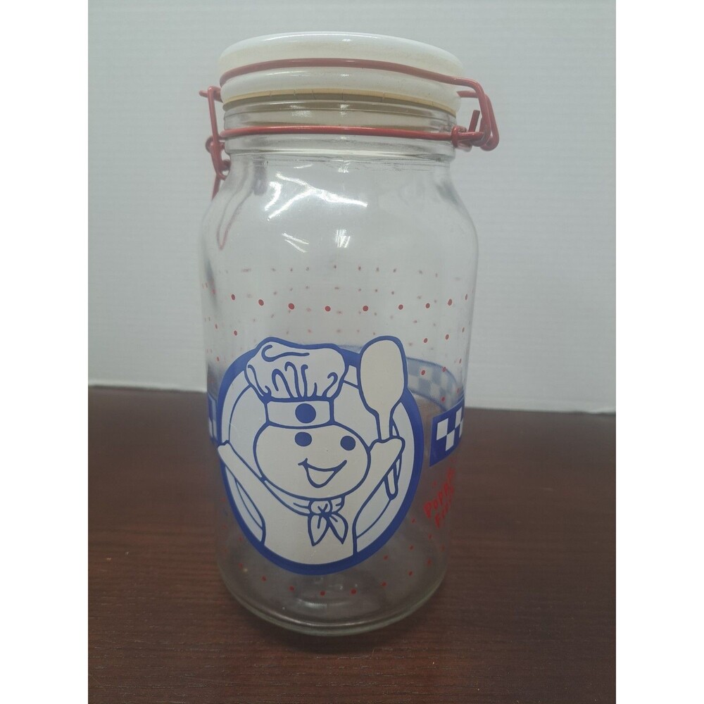 Pillsbury Dough Boy Glass Cookie Jar With Spring Closure Lid